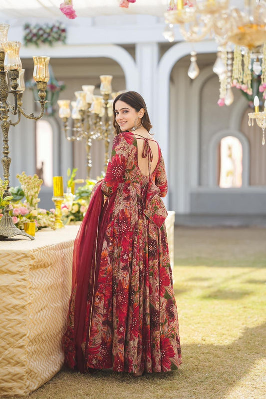 RED colour Attractive Party Wear Hevy Reyon Febric with printed Gown has a Regular-fit and is Made From High-Grade Fabrics And Yarn.