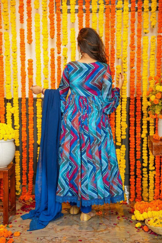 Blue colour Attractive Party Wear chiffon with printed Gown has a Regular-fit and is Made From High-Grade Fabrics And Yarn.