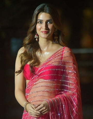 Actress Kriti Sanon Style Hot Pink Net Saree