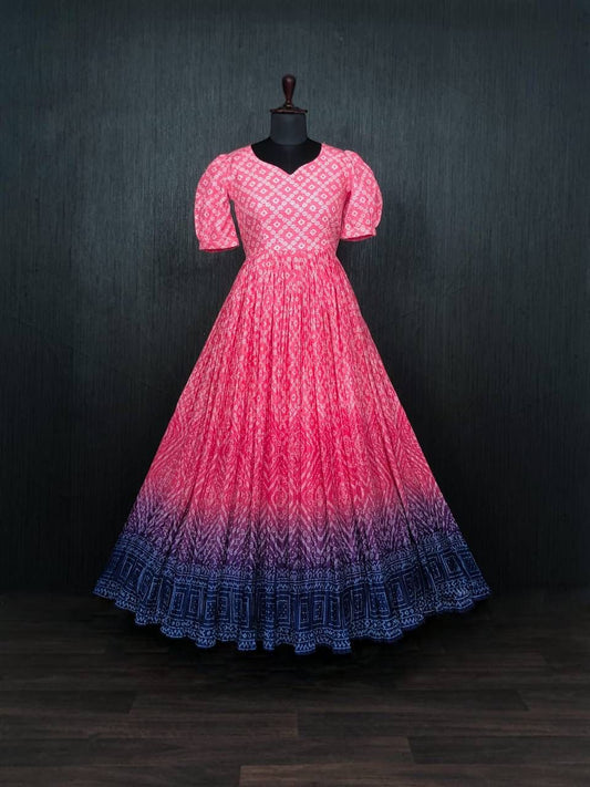 Be the center of Attractions with this Bandhej Printed ,Chinnon crush pleating and Crochet Maslin designer gowns, Select this with one blink and add in your wardrobe.