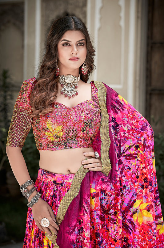 Embracing Elegance: Crushed Chinon Pink Floral Lehenga with Bright Sequin Details