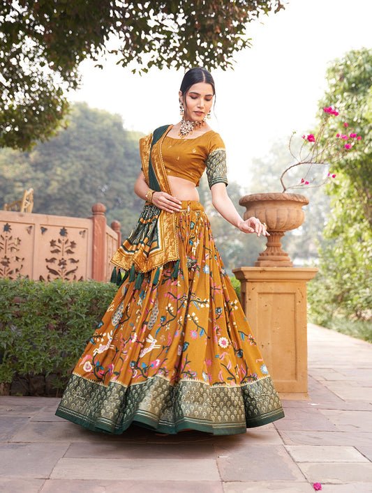 Embrace the elegance of Dola Silk, where tradition meets contemporary style in every printed lehenga choli