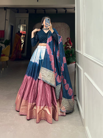 A modern take with traditional touch up for the wedding season this lehenga handcrafted shibori print with zari border on pure chanderi