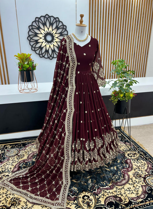 Launching New Designer Party Wear Look Full Heavy Embroidery Sequence Work Gown With Fully Stiched and Dupatta Ready to Wear Collection