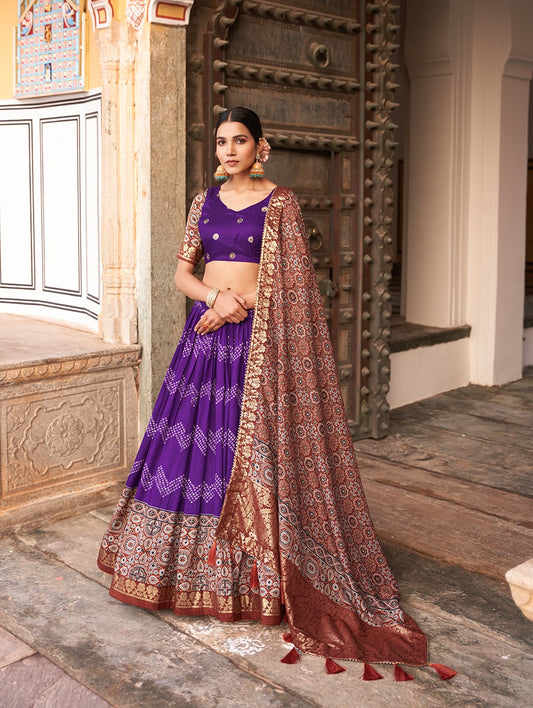 In the embrace of Tusser silk, adorned with Ajarakh prints, the lehenga choli becomes not just a garment, but a reflection of tradition, grace, and beauty💙.<br data-mce-fragment="1">