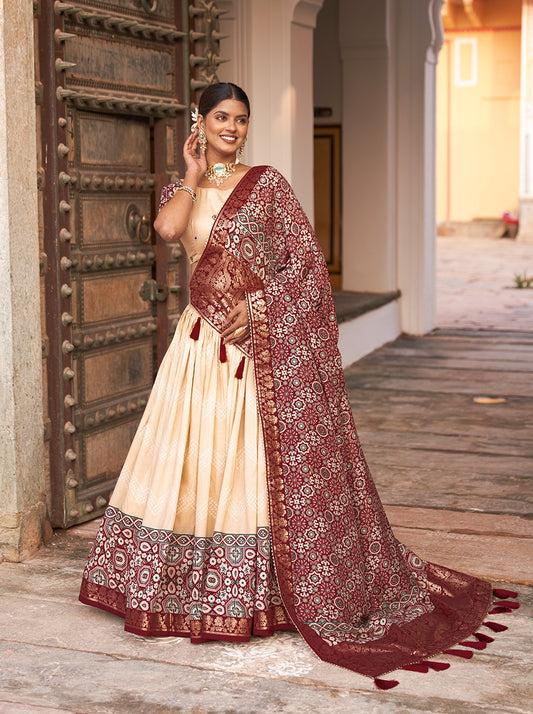 In the embrace of Tusser silk, adorned with Ajarakh prints, the lehenga choli becomes not just a garment, but a reflection of tradition, grace, and beauty💙