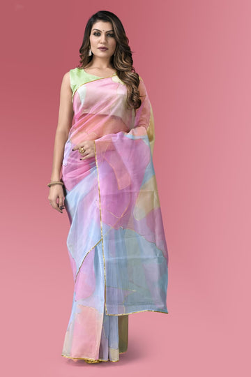 multi color saree look With Digital Print Organza With Digital Print Fully Stitched With Siqunce Lace &amp; New Pattern Sleeve &amp; Backside Pattern