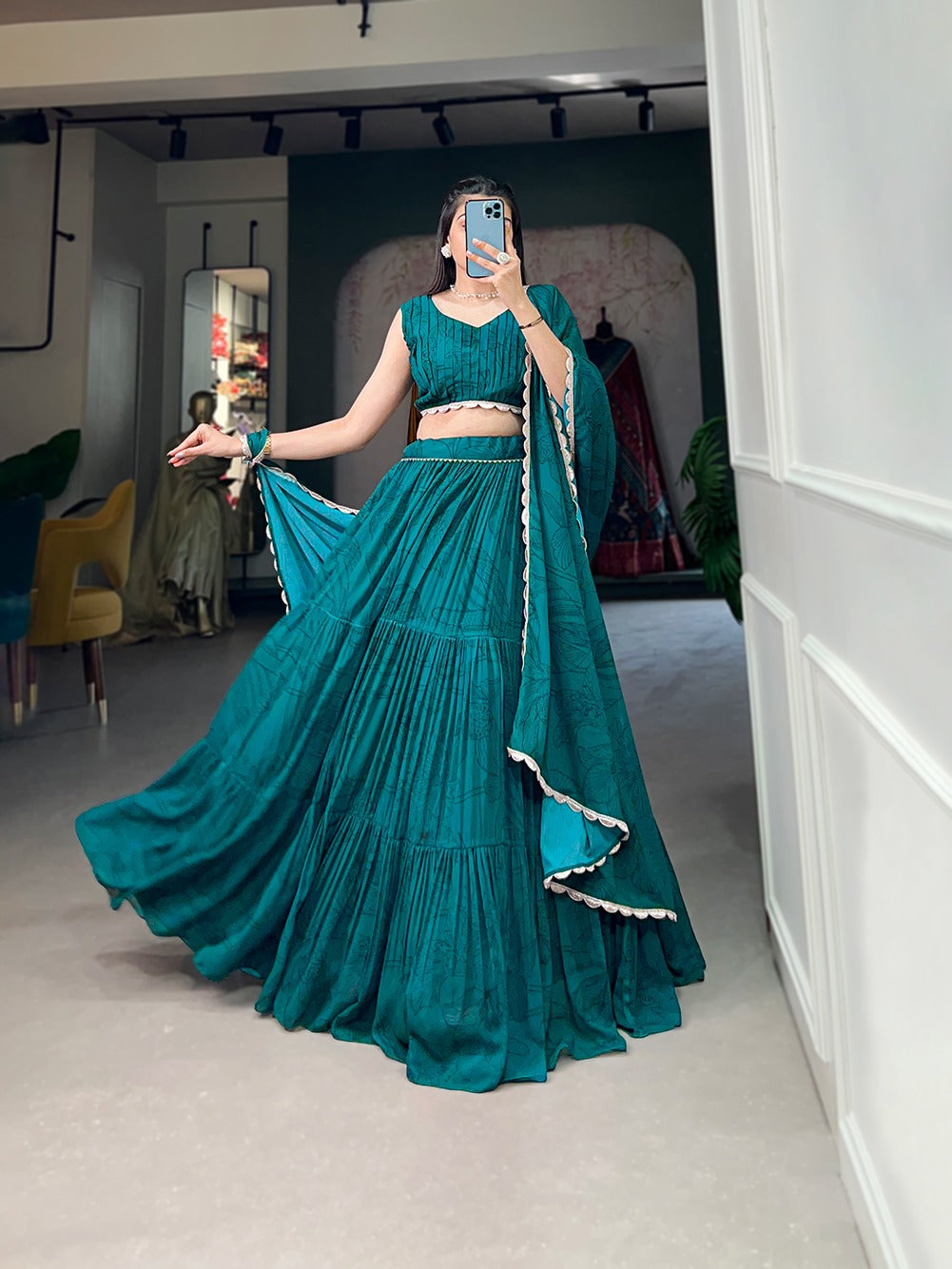 Embrace the vibrancy of prints and the elegance of georgette in your casual wear lehenga choli. Let every step be a celebration of style and comfort💐.