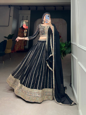 Through the intricate of black embroidered, georgette tells a tale of timeless beauty in these Lehenga, a masterpiece in every trace.