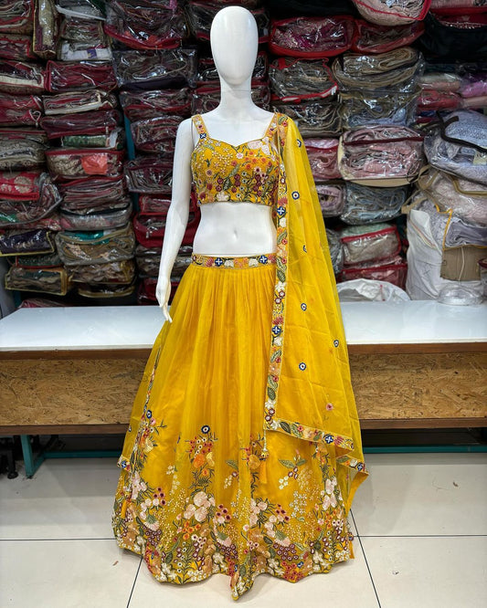 GAJERACHOICE Yellow Lehenga Choli For Women Embroidery  On Silk  Semi-Stitched Lehenga For Haldi