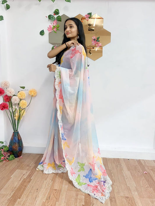 Pure Soft Georrgte Multy Color Butterly Digital Printed Saree With Multy Sequnce C pallu Work