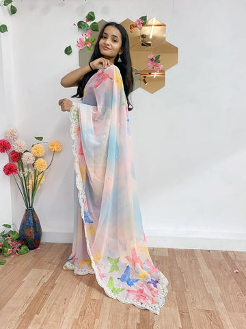 Pure Soft Georrgte Multy Color Butterly Digital Printed Saree With Multy Sequnce C pallu Work