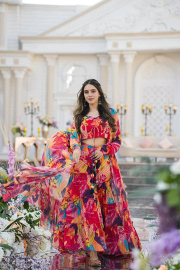 RED colour Attractive Party Wear chiffon with printed Gown has a Regular-fit and is Made From High-Grade Fabrics And Yarn.