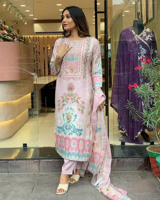 Baby Pink Anarkali Suit Set you've described seems to be a party wear outfit made from Maslin fabric with digital prints Georgette Duptta. (3-Pair)