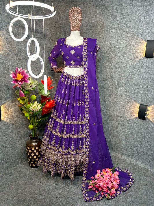 purple Color Embroidered Attractive Party Wear Embroidered Georgette Lehenga choli has a Regular-fit and is Made From High-Grade Fabrics And Yarn.