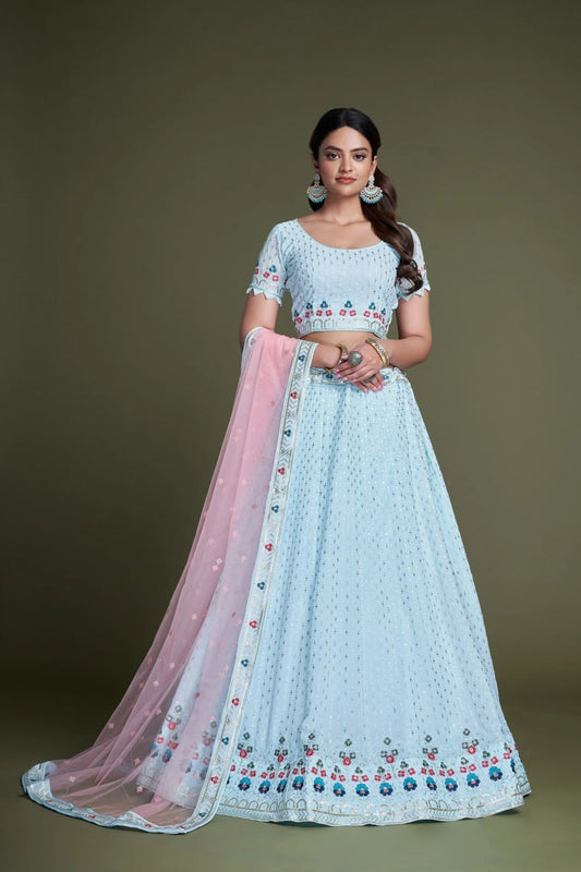 SKY  Color Embroidered Attractive Party Wear Embroidered Georgette Lehenga choli has a Regular-fit and is Made From High-Grade Fabrics And Yarn