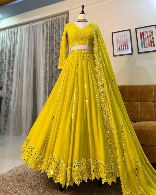 Leman Yellow Color Embroidered Attractive Party Wear Georgette Lehenga choli has a Regular-fit and is Made From High-Grade Fabrics And Yarn.