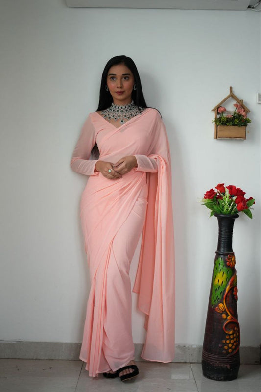 *Presenting  You Most Beautiful Latest Baby Pink Ready To Wear Saree*